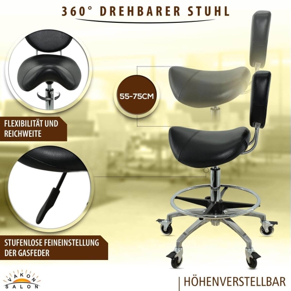 Sattelhocker mit Bremse,Fußring und Lehne, Sattelstuhl für Rückenentlastung, Rollhocker höhenverstellbar von 55 - 75 cm, Praxishocker, Arbeitshocker