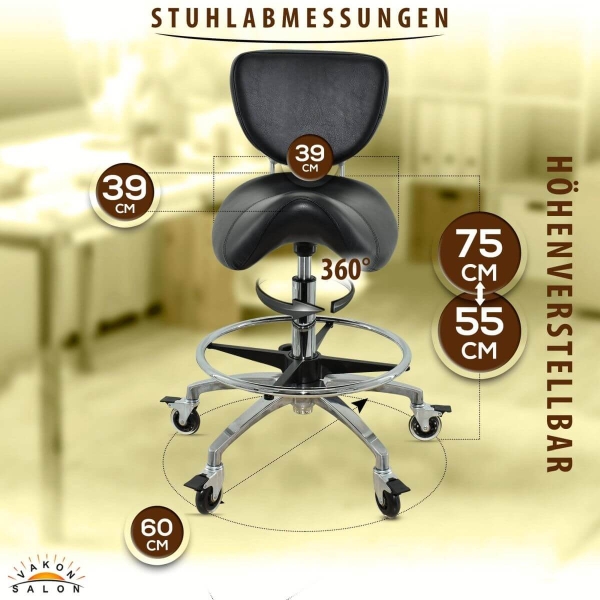 Sattelhocker mit Bremse,Fußring und Lehne, Sattelstuhl für Rückenentlastung, Rollhocker höhenverstellbar von 55 - 75 cm, Praxishocker, Arbeitshocker