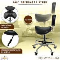 Sattelhocker mit Bremse,Fußring und Lehne, Sattelstuhl für Rückenentlastung, Rollhocker höhenverstellbar von 55 - 75 cm, Praxishocker, Arbeitshocker
