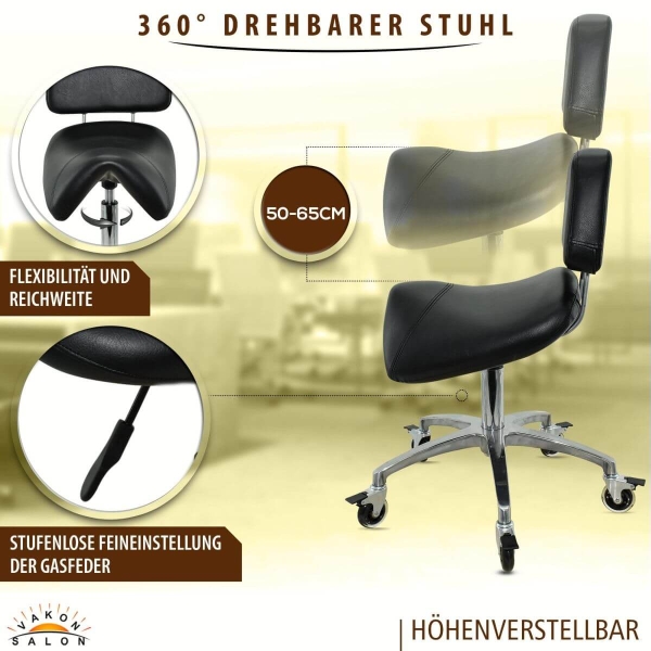 Breiter Sattelhocker mit Bremse und Lehne, Sattelstuhl für Rückenentlastung, Rollhocker höhenverstellbar von 50 - 65 cm, Praxishocker, Bürohocker