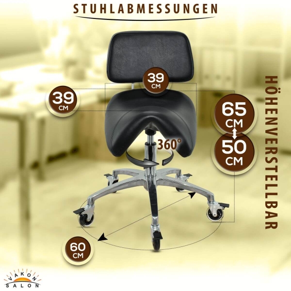 Breiter Sattelhocker mit Bremse und Lehne, Sattelstuhl für Rückenentlastung, Rollhocker höhenverstellbar von 50 - 65 cm, Praxishocker, Bürohocker