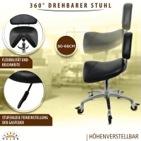 Breiter Sattelhocker mit Bremse und Lehne, Sattelstuhl für Rückenentlastung, Rollhocker höhenverstellbar von 50 - 65 cm, Praxishocker, Bürohocker