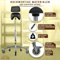 Breiter Sattelhocker mit Bremse und Lehne, Sattelstuhl für Rückenentlastung, Rollhocker höhenverstellbar von 50 - 65 cm, Praxishocker, Bürohocker