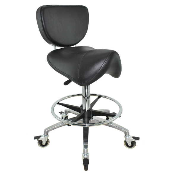 Breiter Sattelhocker mit Bremse, Fußring und Lehne, Sattelstuhl für Rückenentlastung, höhenverstellbar von 55 - 75 cm, Praxishocker, Arbeitshocker