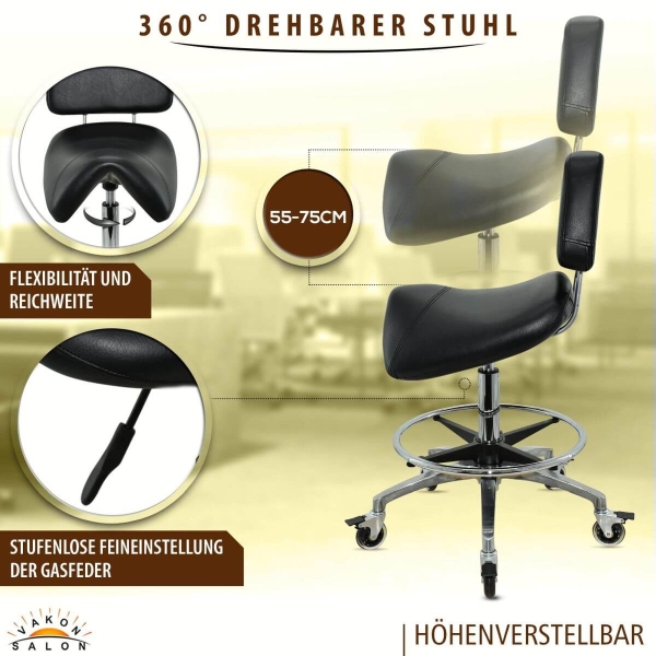 Breiter Sattelhocker mit Bremse, Fußring und Lehne, Sattelstuhl für Rückenentlastung, höhenverstellbar von 55 - 75 cm, Praxishocker, Arbeitshocker