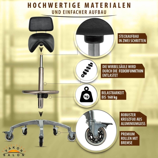 Breiter Sattelhocker mit Bremse, Fußring und Lehne, Sattelstuhl für Rückenentlastung, höhenverstellbar von 55 - 75 cm, Praxishocker, Arbeitshocker