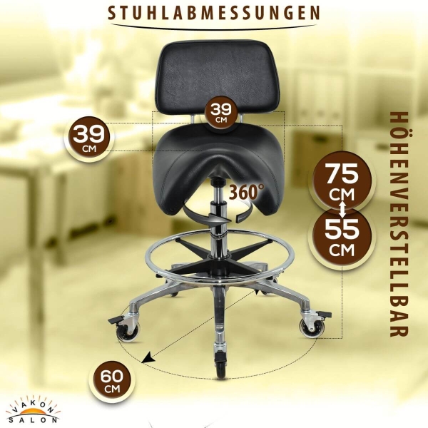 Breiter Sattelhocker mit Bremse, Fußring und Lehne, Sattelstuhl für Rückenentlastung, höhenverstellbar von 55 - 75 cm, Praxishocker, Arbeitshocker