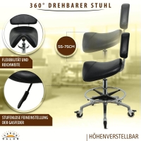 Breiter Sattelhocker mit Bremse, Fußring und Lehne, Sattelstuhl für Rückenentlastung, höhenverstellbar von 55 - 75 cm, Praxishocker, Arbeitshocker