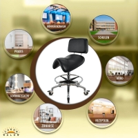 Breiter Sattelhocker mit Bremse, Fußring und Lehne, Sattelstuhl für Rückenentlastung, höhenverstellbar von 55 - 75 cm, Praxishocker, Arbeitshocker