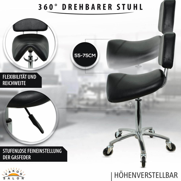 Sattelhocker mit Lehne, Sattelstuhl für Rückenentlastung, Rollhocker höhenverstellbar von 55 - 75 cm Drehhocker, Praxishocker, Arbeitshocker