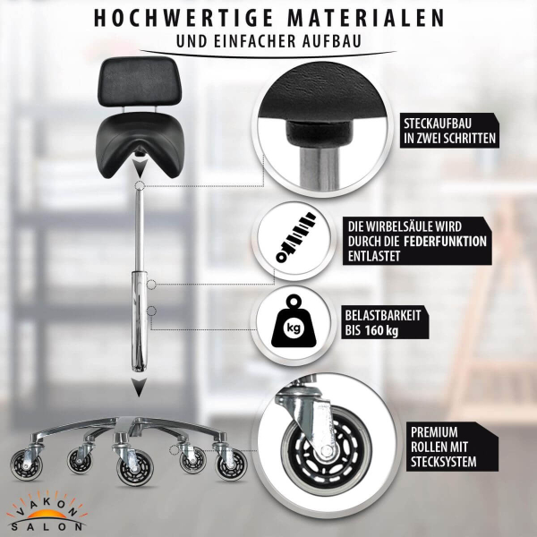 Sattelhocker mit Lehne, Sattelstuhl für Rückenentlastung, Rollhocker höhenverstellbar von 55 - 75 cm Drehhocker, Praxishocker, Arbeitshocker