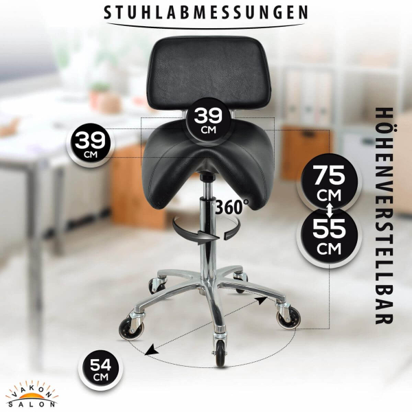 Sattelhocker mit Lehne, Sattelstuhl für Rückenentlastung, Rollhocker höhenverstellbar von 55 - 75 cm Drehhocker, Praxishocker, Arbeitshocker
