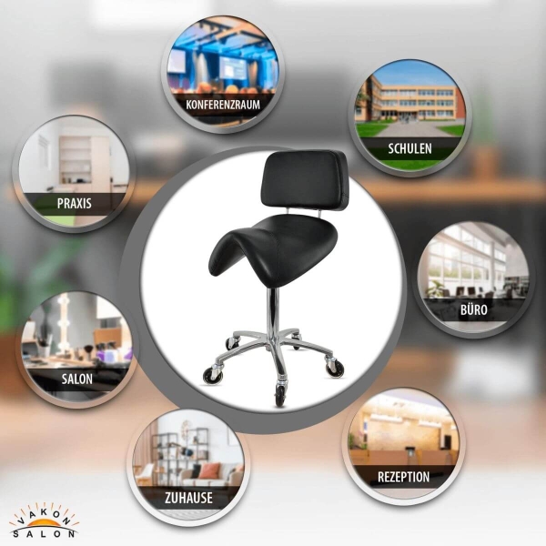 Sattelhocker mit Lehne, Sattelstuhl für Rückenentlastung, Rollhocker höhenverstellbar von 55 - 75 cm Drehhocker, Praxishocker, Arbeitshocker