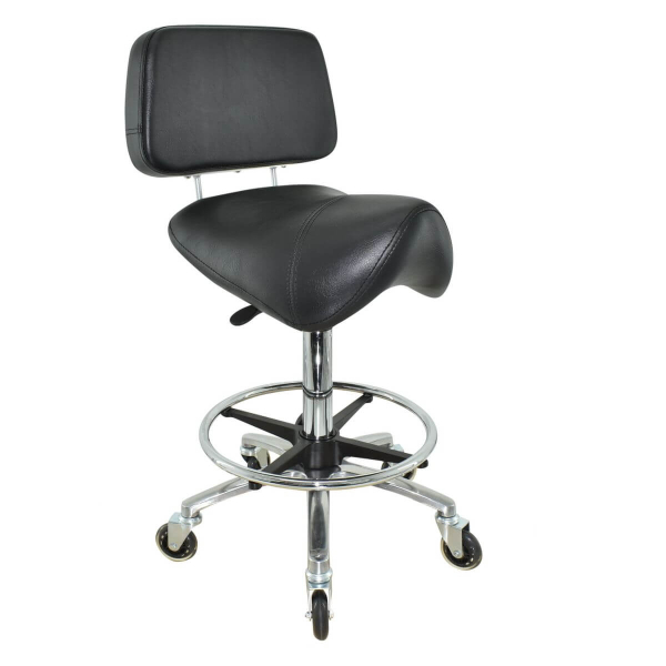 Sattelhocker mit Lehne, Sattelstuhl für Rückenentlastung, Rollhocker höhenverstellbar von 55 - 75 cm mit Fußring, Drehhocker, Praxishocker