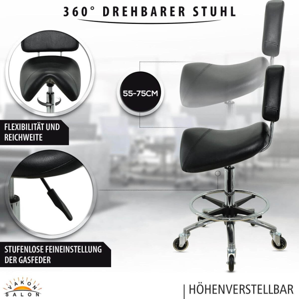 Sattelhocker mit Lehne, Sattelstuhl für Rückenentlastung, Rollhocker höhenverstellbar von 55 - 75 cm mit Fußring, Drehhocker, Praxishocker