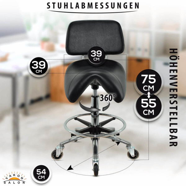 Sattelhocker mit Lehne, Sattelstuhl für Rückenentlastung, Rollhocker höhenverstellbar von 55 - 75 cm mit Fußring, Drehhocker, Praxishocker