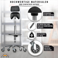 Sattelhocker mit Lehne, Sattelstuhl für Rückenentlastung, Rollhocker höhenverstellbar von 55 - 75 cm mit Fußring, Drehhocker, Praxishocker
