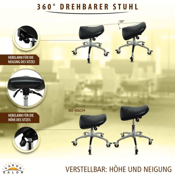 Sattelhocker mit Neigung, Sattelstuhl, Rollhocker höhenverstellbar von 50-65 cm, Drehhocker, Praxishocker, Bürohocker
