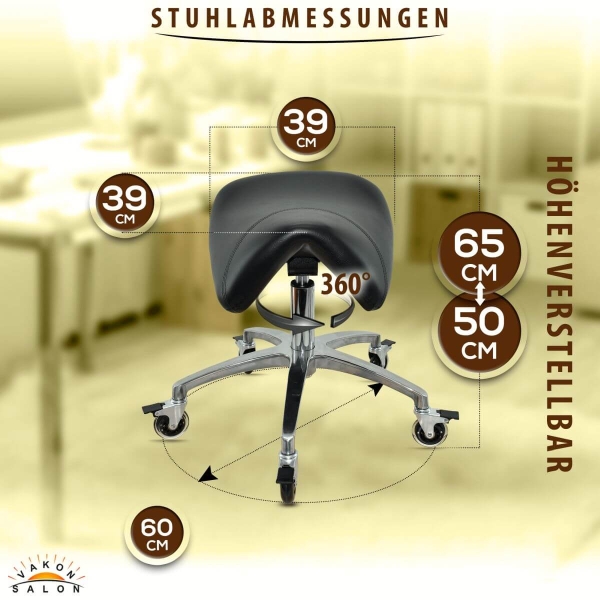 Sattelhocker mit Neigung, Sattelstuhl, Rollhocker höhenverstellbar von 50-65 cm, Drehhocker, Praxishocker, Bürohocker