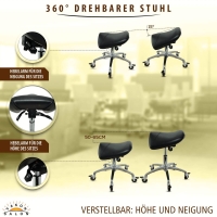 Sattelhocker mit Neigung, Sattelstuhl, Rollhocker höhenverstellbar von 50-65 cm, Drehhocker, Praxishocker, Bürohocker