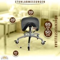 Sattelhocker mit Neigung, Sattelstuhl, Rollhocker höhenverstellbar von 50-65 cm, Drehhocker, Praxishocker, Bürohocker