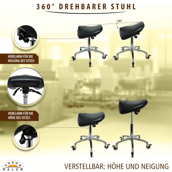 Sattelhocker mit Neigung, Sattelstuhl, Rollhocker höhenverstellbar von 55-75 cm, Drehhocker, Praxishocker, Arbeitshocker