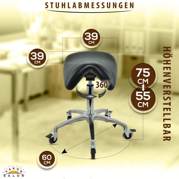 Sattelhocker mit Neigung, Sattelstuhl, Rollhocker höhenverstellbar von 55-75 cm, Drehhocker, Praxishocker, Arbeitshocker