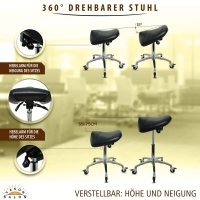 Sattelhocker mit Neigung, Sattelstuhl, Rollhocker höhenverstellbar von 55-75 cm, Drehhocker, Praxishocker, Arbeitshocker