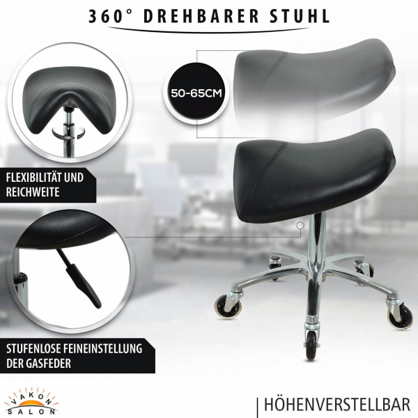 Extra breiter Sattelsitzhocker Schwarz mit Bremse, höhenverstellbar von 50 - 65 cm