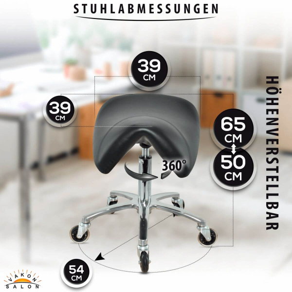 Extra breiter Sattelsitzhocker Schwarz mit Bremse, höhenverstellbar von 50 - 65 cm