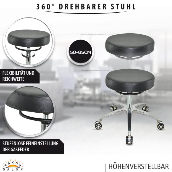 Design Rollhocker auf hochwertigen Rollen schwarz - Höhenverstellbarer von 50 bis 65 cm - Drehhocker Arbeitshocker Praxishocker