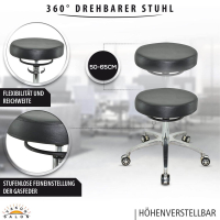 Design Rollhocker auf hochwertigen Rollen schwarz - Höhenverstellbarer von 50 bis 65 cm - Drehhocker Arbeitshocker Praxishocker