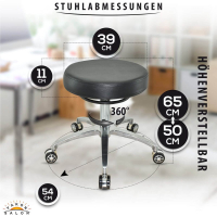 Design Rollhocker auf hochwertigen Rollen schwarz - Höhenverstellbarer von 50 bis 65 cm - Drehhocker Arbeitshocker Praxishocker