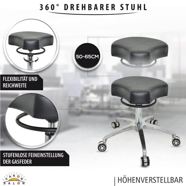 Design ergonomischer Rollhocker auf hochwertigen Rollen schwarz - Höhenverstellbarer von 50 bis 65 cm - Drehhocker Praxishocker