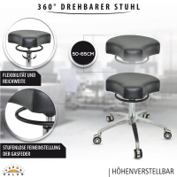 Design ergonomischer Rollhocker auf hochwertigen Rollen schwarz - Höhenverstellbarer von 50 bis 65 cm - Drehhocker Praxishocker