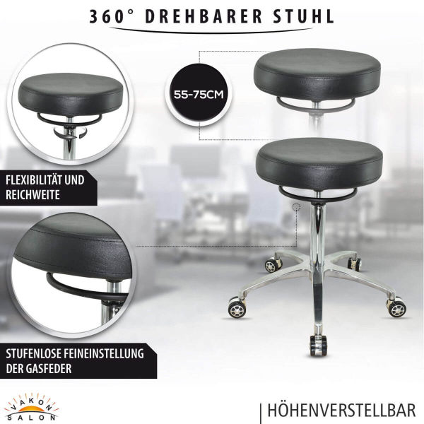 Design Rollhocker auf hochwertigen Rollen schwarz - Höhenverstellbarer von 55 bis 75 cm - Drehhocker Arbeitshocker Praxishocker