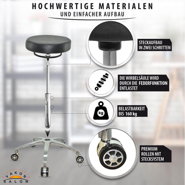 Design Rollhocker auf hochwertigen Rollen schwarz - Höhenverstellbarer von 55 bis 75 cm - Drehhocker Arbeitshocker Praxishocker