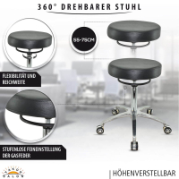 Design Rollhocker auf hochwertigen Rollen schwarz - Höhenverstellbarer von 55 bis 75 cm - Drehhocker Arbeitshocker Praxishocker