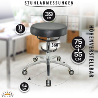 Design Rollhocker auf hochwertigen Rollen schwarz - Höhenverstellbarer von 55 bis 75 cm - Drehhocker Arbeitshocker Praxishocker