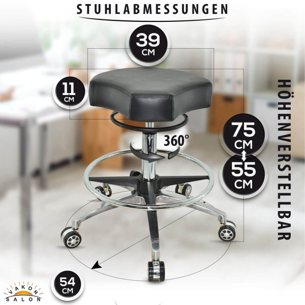 Design ergonomischer Rollhocker auf hochwertigen Rollen und Fußring schwarz - Höhenverstellbarer von 55 bis 75 cm - Drehhocker Praxishocker