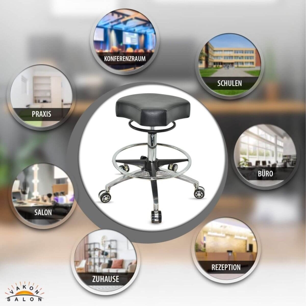 Design ergonomischer Rollhocker auf hochwertigen Rollen und Fußring schwarz - Höhenverstellbarer von 55 bis 75 cm - Drehhocker Praxishocker