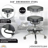 Design ergonomischer Rollhocker auf hochwertigen Rollen und Fußring schwarz - Höhenverstellbarer von 55 bis 75 cm - Drehhocker Praxishocker