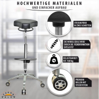 Design ergonomischer Rollhocker auf hochwertigen Rollen und Fußring schwarz - Höhenverstellbarer von 55 bis 75 cm - Drehhocker Praxishocker