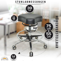 Design ergonomischer Rollhocker auf hochwertigen Rollen und Fußring schwarz - Höhenverstellbarer von 55 bis 75 cm - Drehhocker Praxishocker