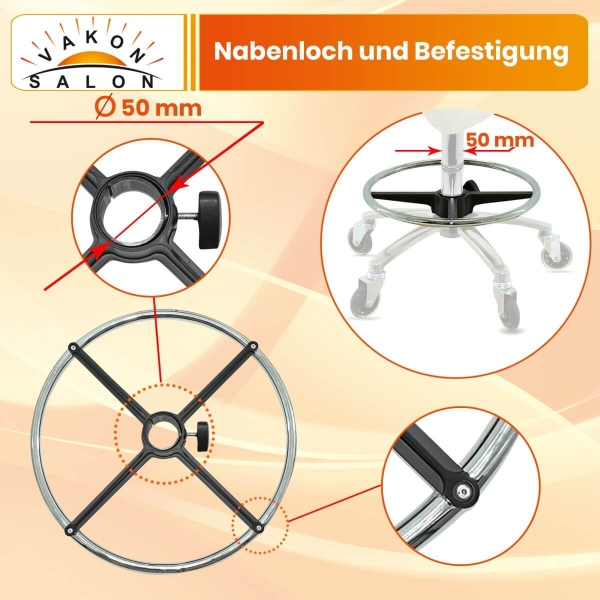 Edelstahl Fußring für Rollhocker 400 mm, Fußabstellring Ersatzteil für Bürostuhl, höhenverstellbar mit Feststellschraube