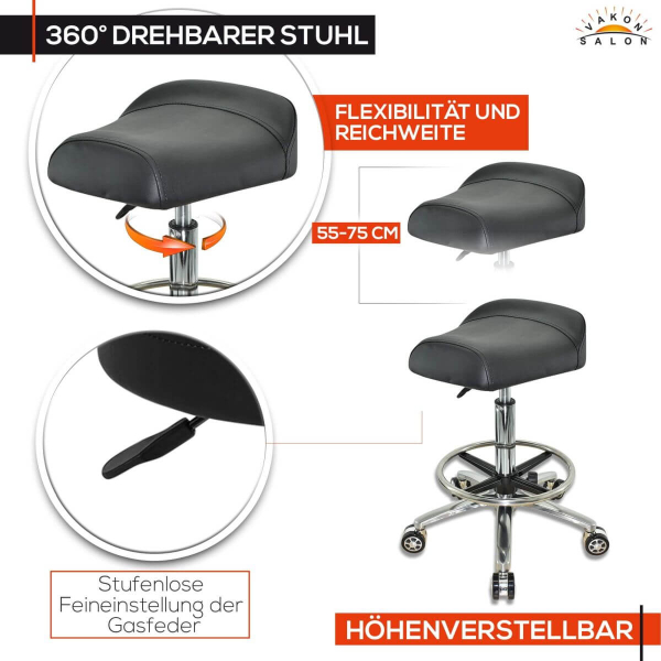 Breitsitz Arbeitshocker auf Rollen mit Fußring höhenverstellbar - Rollhocker, Praxishocker, Bürohocker