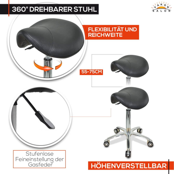 Ergonomischer Sattelhocker höhenverstellbar auf Rollen - Drehhocker, Rollhocker, Praxishocker, Bürohocker